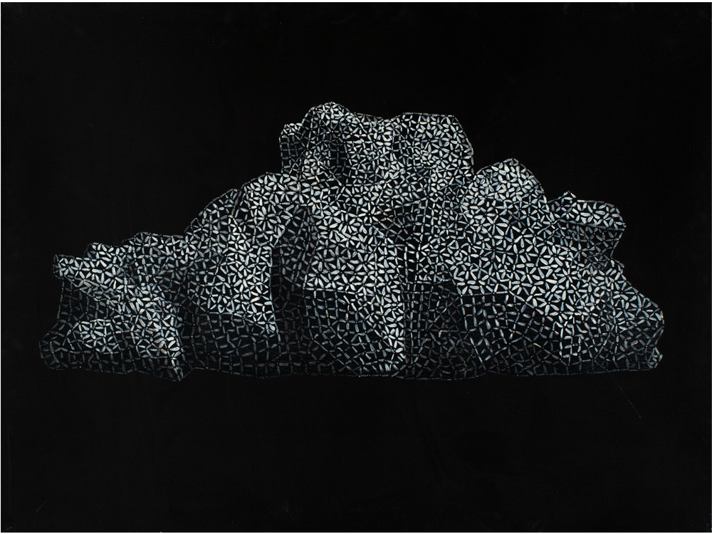 Painting of synthetic polygonal cloud forms with glowing nodes
