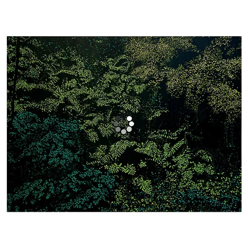 Painted landscape with interface icons embedded in the scene