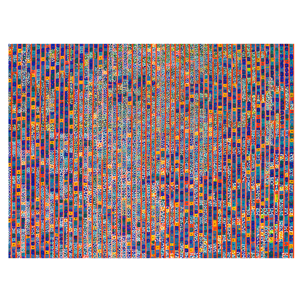 Abstract portrait painting built from dot nets and shifting color values