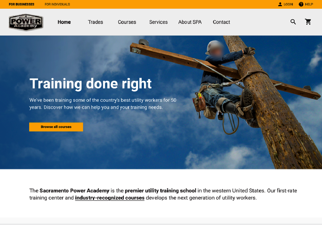 Prototype homepage for the Sacramento Power Academy with For Businesses and For Individuals at the top and the headline Training done right