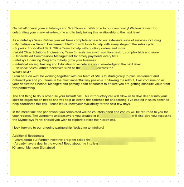 The original welcome letter, with the request to schedule a kickoff call in the fourth paragraph.