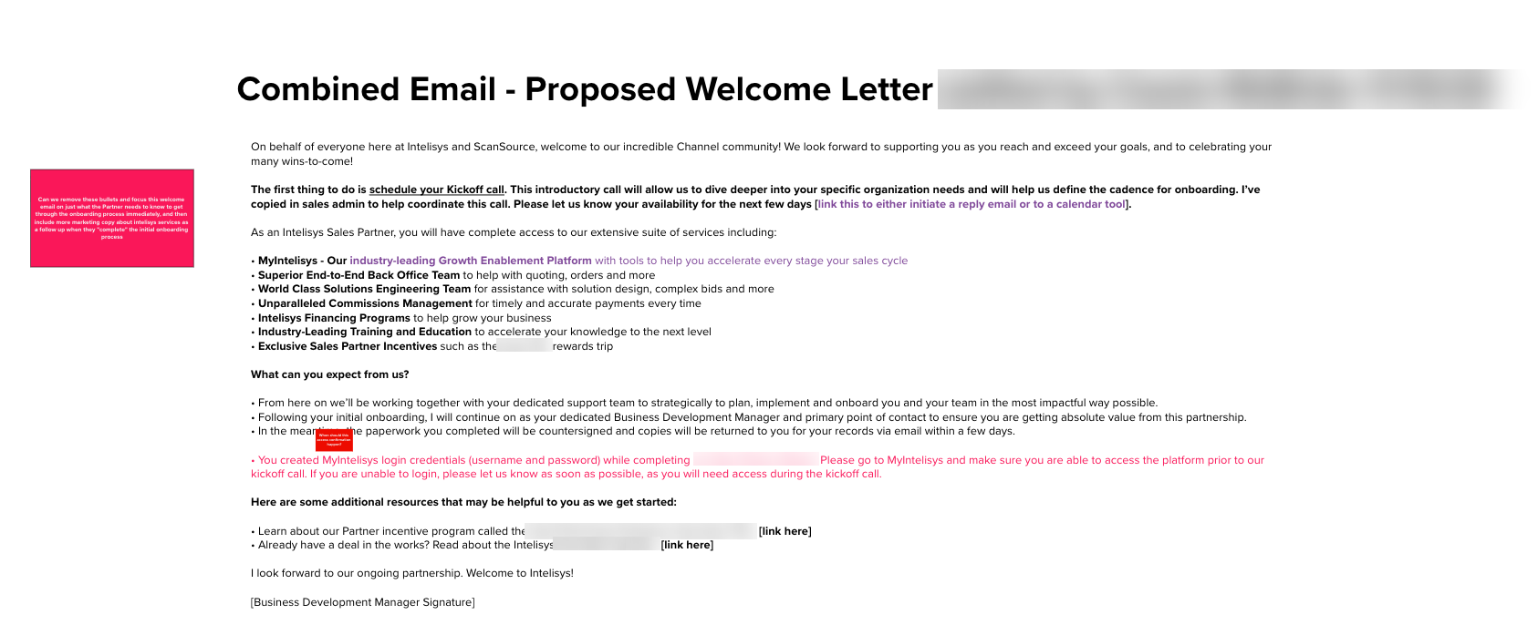 The combined welcome letter, with "schedule your kickoff call" as the first instruction.